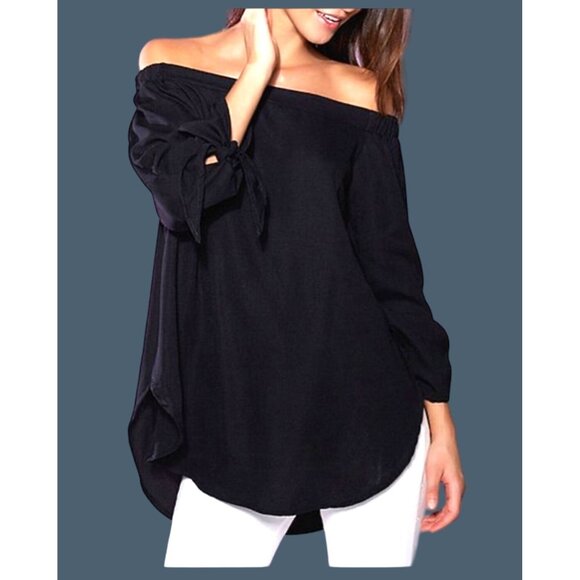 WOMEN BLACK 3/4 SLEEVE 97% COTTON OFF THE SHOULDER TOP SIZE SMALL- NWOT - Picture 1 of 7